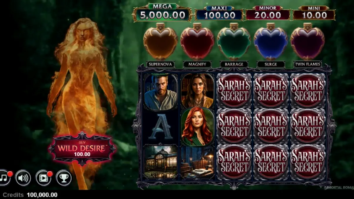 Tampilan visual slot Immortal Romance Sarah’s Secret dengan tema gothic dan karakter utama Sarah.